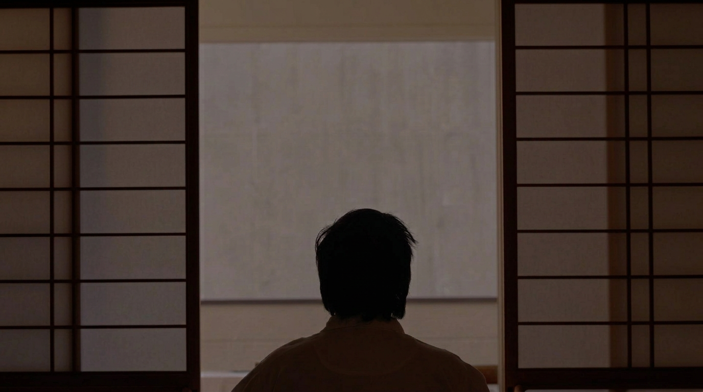 A man seated before open shoji screens